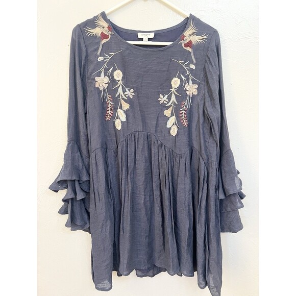 UMGEE Blue  Embroidered  Boho Bell Sleeve Crew Neck Women's Size S Shift Dress - Picture 1 of 11